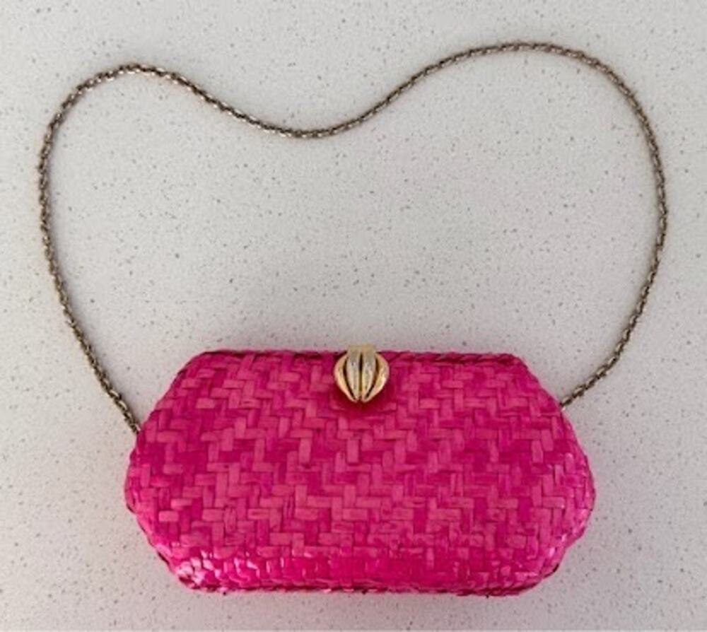 Vintage 80s Hot Pink Woven Straw Minaudiere Box Clutch Bag Gold Clasp Chain